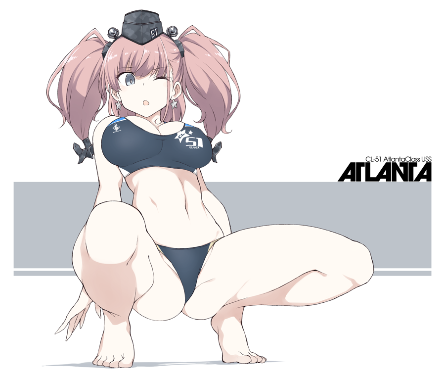 1girl anchor_hair_ornament atlanta_(kantai_collection) barefoot black_headwear breasts brown_hair character_name clothes_writing commentary_request earrings eyebrows_visible_through_hair full_body garrison_cap grey_eyes hair_ornament hat jewelry kantai_collection large_breasts long_hair navel one_eye_closed open_mouth shadow solo souji star star_earrings toes two_side_up