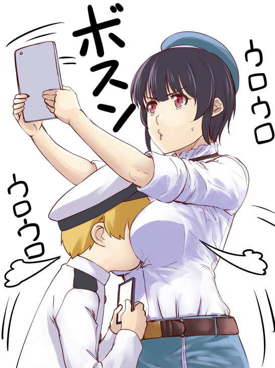 1boy 1girl beret black_hair blonde_hair blouse breasts commentary_request fate_(series) hat ishii_hisao kantai_collection large_breasts little_boy_admiral_(kantai_collection) military military_hat military_uniform pokemon pokemon_(game) pokemon_go red_eyes short_hair simple_background small_breasts tablet_pc takao_(kantai_collection) translated uniform white_background white_blouse