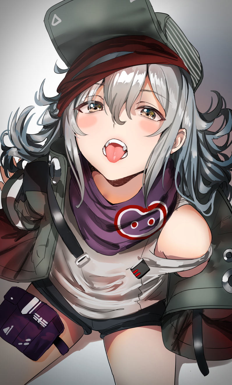 1girl bangs black_shorts blush eyebrows_visible_through_hair fangs g11_(girls_frontline) girls_frontline green_headwear green_jacket grey_background grey_hair hair_between_eyes hat highres jacket long_hair looking_at_viewer off_shoulder open_mouth pouch red_scarf rin_(028ilc) scarf scarf_on_head shorts shoulder_cutout simple_background solo thigh_strap tongue tongue_out