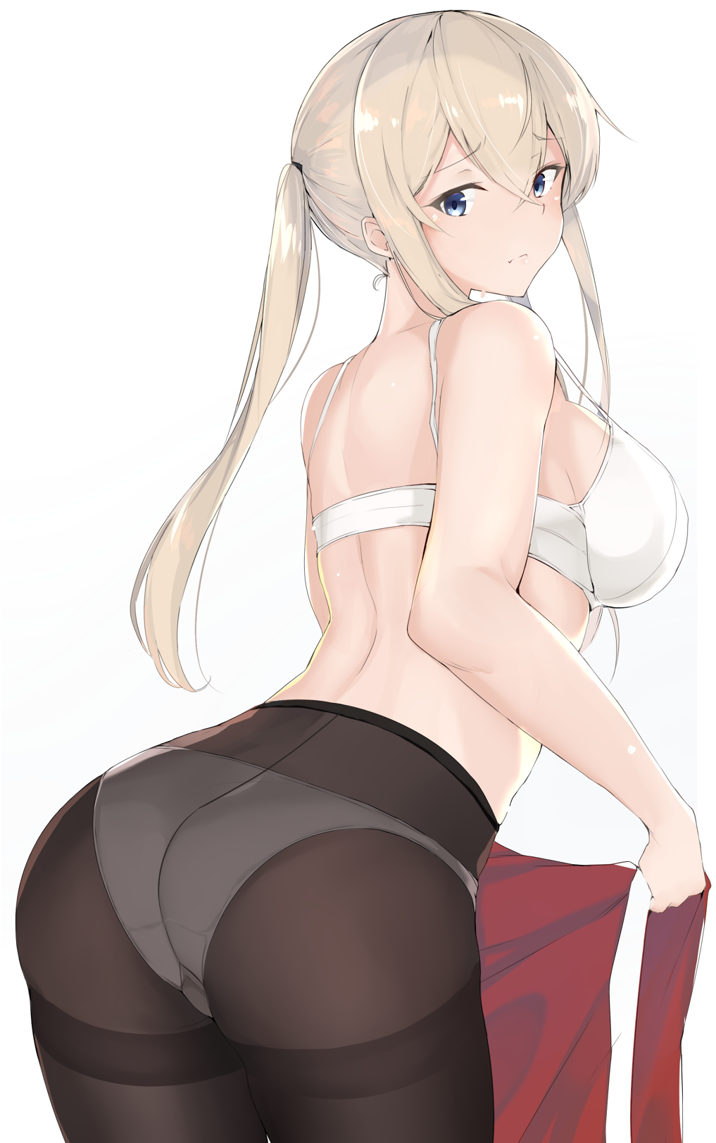 1girl ass blonde_hair bra commentary_request cowboy_shot from_behind graf_zeppelin_(kantai_collection) grey_eyes gusset hair_between_eyes highres kantai_collection looking_at_viewer looking_back maruya1006 panties panties_under_pantyhose pantyhose shadow sidelocks tsurime twintails underwear white_background white_bra white_panties