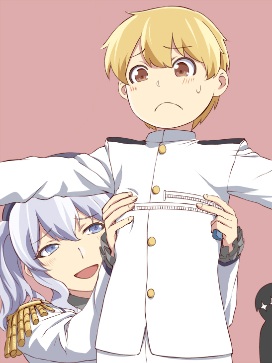 +_+ 1boy 2girls :d blonde_hair blue_eyes blush closed_mouth epaulettes eyebrows_visible_through_hair grey_hair hair_between_eyes hat hetero ishii_hisao jacket kaga_(kantai_collection) kantai_collection kashima_(kantai_collection) little_boy_admiral_(kantai_collection) long_sleeves looking_down measuring military military_uniform multiple_girls naval_uniform open_mouth outstretched_arms purple_background simple_background smile spread_arms sweatdrop tape_measure uniform white_jacket