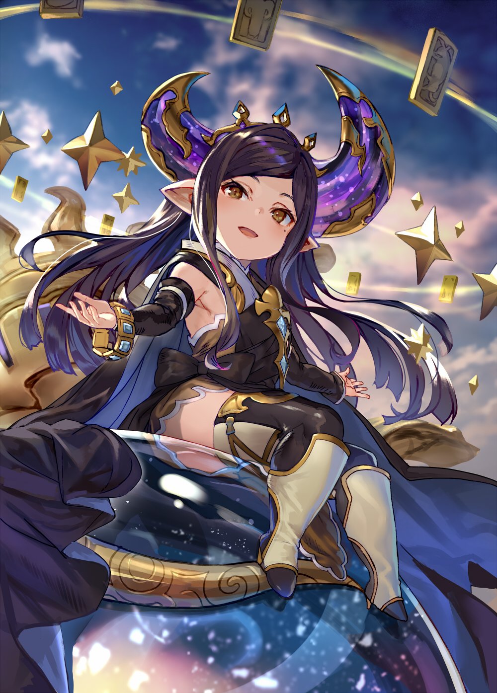 1girl arulumaya boots bracelet brown_eyes brown_hair crystal_ball detached_sleeves dress granblue_fantasy harvin highres jewelry long_hair mole mole_under_eye pointy_ears shirabi sitting thighhighs tiara