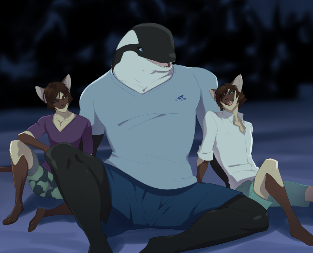 arno barazoku beach bottomwear brother brothers celio cetacean clothing delphinoid domestic_cat felid feline felis mammal marine muscular night oceanic_dolphin open_mouth orca peritian reik seaside shirt shorts siamese sibling smile smirk t-shirt toothed_whale topwear twins