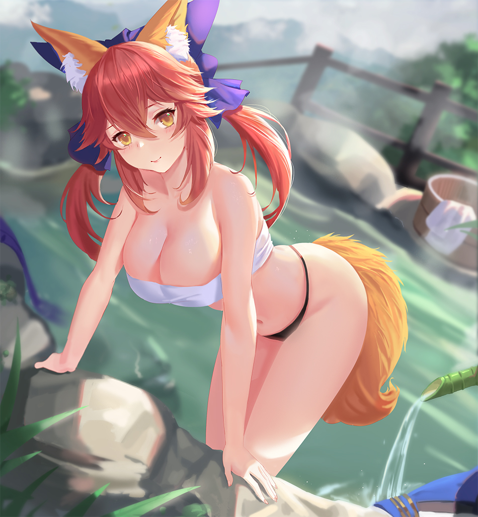 1girl animal_ear_fluff animal_ears bangs bare_shoulders bath bathing blue_bow blush bow breasts bucket cleavage closed_mouth collarbone dongfangzhong111 fate/extra fate_(series) fox_ears fox_girl fox_tail hair_between_eyes hair_bow large_breasts long_hair looking_at_viewer navel onsen pink_hair rock sidelocks smile solo steam tail tamamo_(fate)_(all) tamamo_no_mae_(fate) thighs towel twintails wading water wet wooden_bucket yellow_eyes