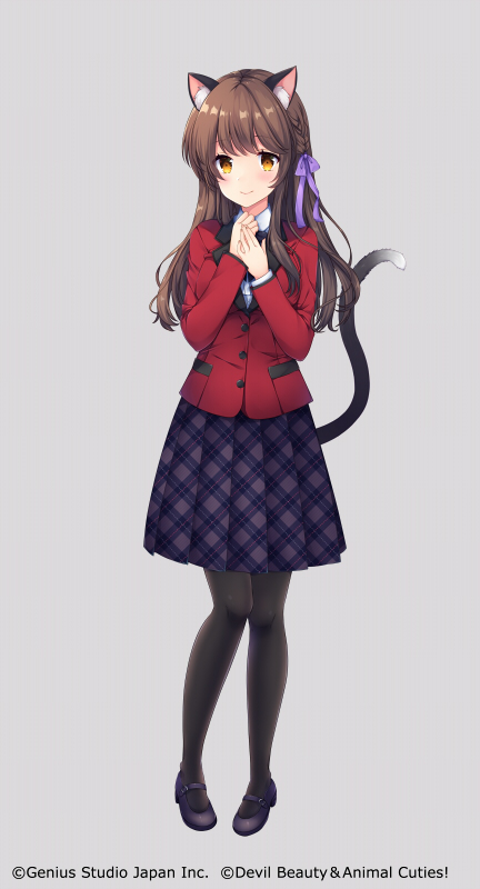 1girl animal_ear_fluff animal_ears azu_torako banned_artist black_footwear black_legwear blazer blush bow braid brown_eyes brown_hair brown_skirt cat_ears cat_girl cat_tail closed_mouth full_body grey_background hair_bow hands_up jacket long_hair long_sleeves looking_at_viewer official_art original pantyhose plaid plaid_skirt pleated_skirt purple_bow red_jacket school_uniform shoes simple_background skirt smile solo standing tail tail_raised watermark