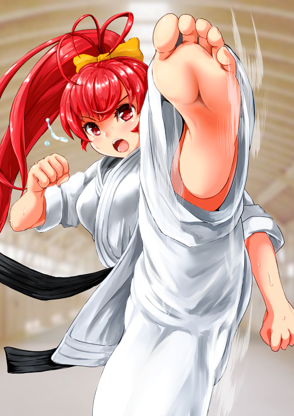 1girl barefoot blush karate long_hair moe2018 original ponytail red_eyes red_hair soles toes yamasan_(hachiman)