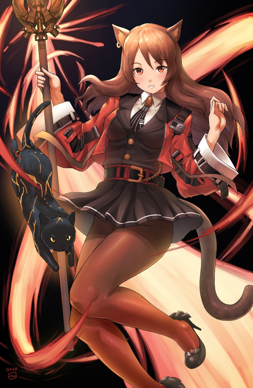 1girl animal_ears arknights bangs blush breasts brown_eyes brown_hair brown_legwear cat cat_ears cat_tail commentary_request eyebrows_visible_through_hair finalcake hair_between_eyes highres holding holding_staff jacket long_hair looking_at_viewer medium_breasts pantyhose shirt skirt skyfire_(arknights) smile solo staff tail