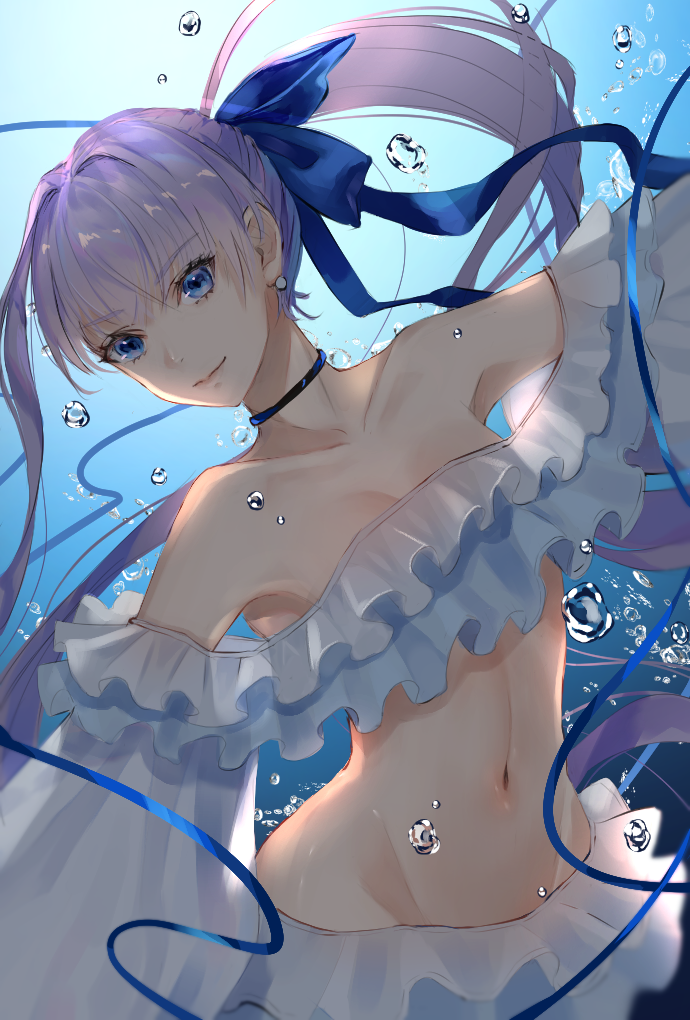 1girl air_bubble bangs bare_shoulders blue_bow blue_choker blue_eyes blue_swimsuit blunt_bangs bow breasts bubble choker cleavage closed_mouth collarbone commentary_request earrings eyebrows_visible_through_hair fate/grand_order fate_(series) frilled_skirt frills groin hair_bow jewelry long_eyelashes long_hair long_sleeves looking_at_viewer meltryllis meltryllis_(swimsuit_lancer)_(fate) midriff navel nyaon_oekaki ponytail puffy_sleeves purple_hair skirt smile solo strapless strapless_swimsuit swimsuit underwater upper_body