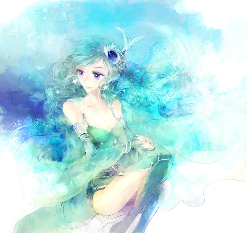 1girl breasts cleavage closed_mouth commentary_request detached_sleeves earrings final_fantasy final_fantasy_iv green_hair hair_ornament jewelry kuzumosu long_hair older rydia smile solo thighhighs