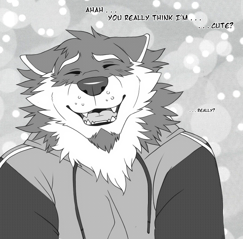 aluminemsiren canid canine canis clothing embarrassed english_text eyes_closed head_tilt hoodie male mammal orion_(aluminemsiren) shy smile solo text topwear wolf