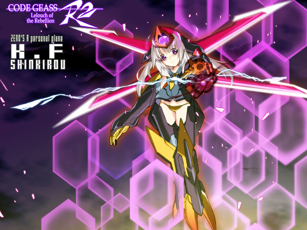 1girl armor bangs barrier beam_cannon character_name code_geass commentary_request copyright_name english_text eyebrows_visible_through_hair flying long_hair looking_at_viewer mecha_musume okiura panties purple_eyes shinkirou sidelocks solo underwear white_hair yellow_neckwear yellow_panties