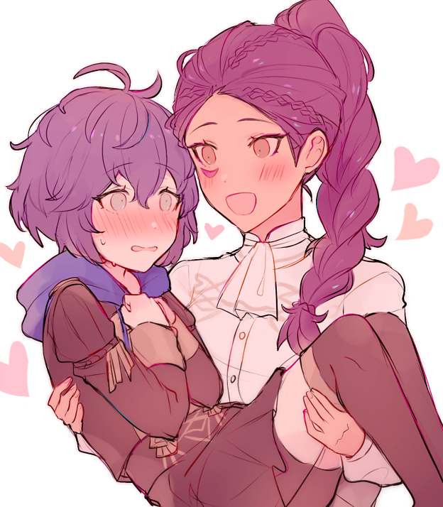 2girls bernadetta_von_varley blush carrying facial_mark fire_emblem fire_emblem:_three_houses garreg_mach_monastery_uniform grey_eyes heart hood hood_down kvlen long_hair long_sleeves multiple_girls open_mouth petra_macneary ponytail princess_carry purple_hair short_hair simple_background uniform white_background yuri