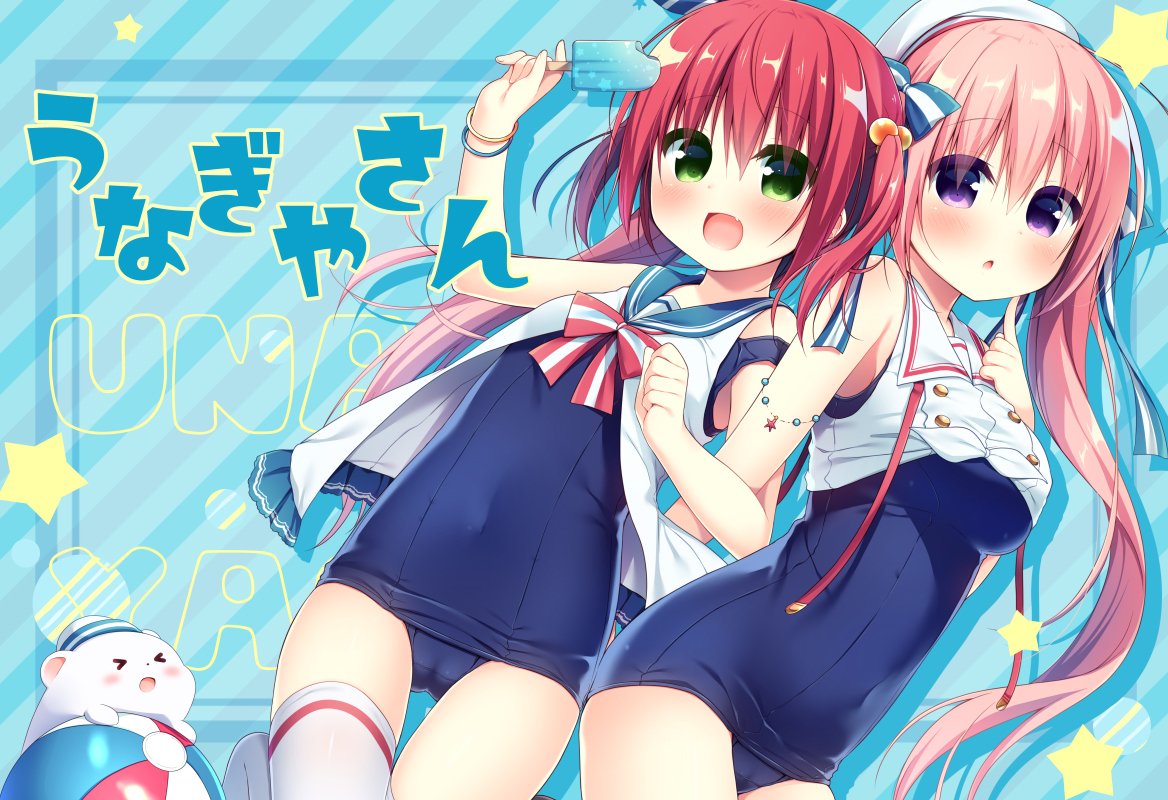 &gt;_&lt; 2girls :d animal bangle bangs bare_shoulders beach blue_background blue_sailor_collar blue_swimsuit blush bow bracelet breasts closed_eyes covered_navel diagonal-striped_background diagonal_stripes dress eyebrows_visible_through_hair food front-tie_top green_eyes hair_between_eyes hair_bobbles hair_bow hair_ornament hanamiya_natsuka holding holding_food jewelry long_hair medium_breasts multiple_girls old_school_swimsuit one-piece_swimsuit open_clothes open_dress open_mouth original parted_lips pink_hair popsicle purple_eyes red_hair sailor_collar sailor_dress school_swimsuit shirt shirt_lift sleeveless sleeveless_dress smile star striped striped_background striped_bow swimsuit swimsuit_under_clothes thighhighs tied_shirt twintails very_long_hair white_dress white_legwear white_shirt
