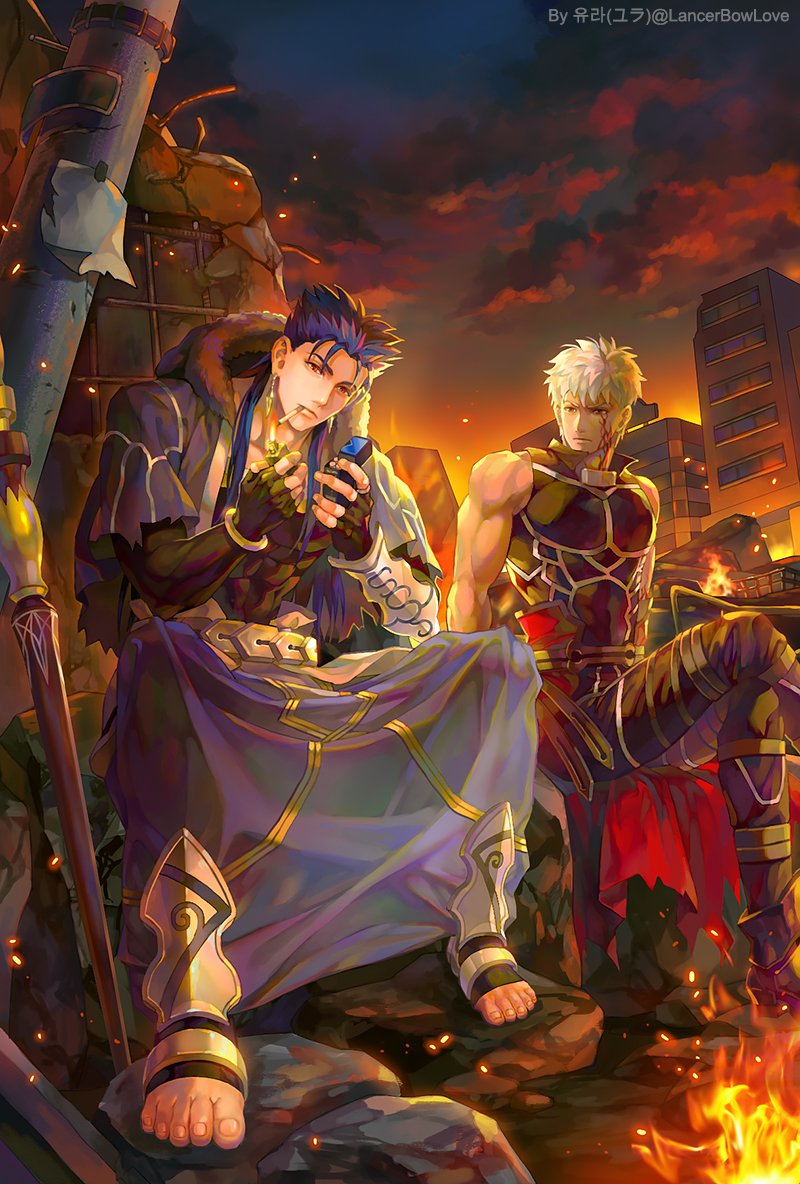 archer bare_shoulders blue_hair campfire capelet cigarette cloudy_skky corruption cu_chulainn_(fate)_(all) cu_chulainn_(fate/grand_order) dark_skin dark_skinned_male earrings fate/grand_order fate_(series) fur-trimmed_capelet fur_trim hair_down hood hood_down jacket jacket_removed jewelry kim_yura_(goddess_mechanic) lighter lighting_cigarette long_hair male_focus ruins staff white_hair