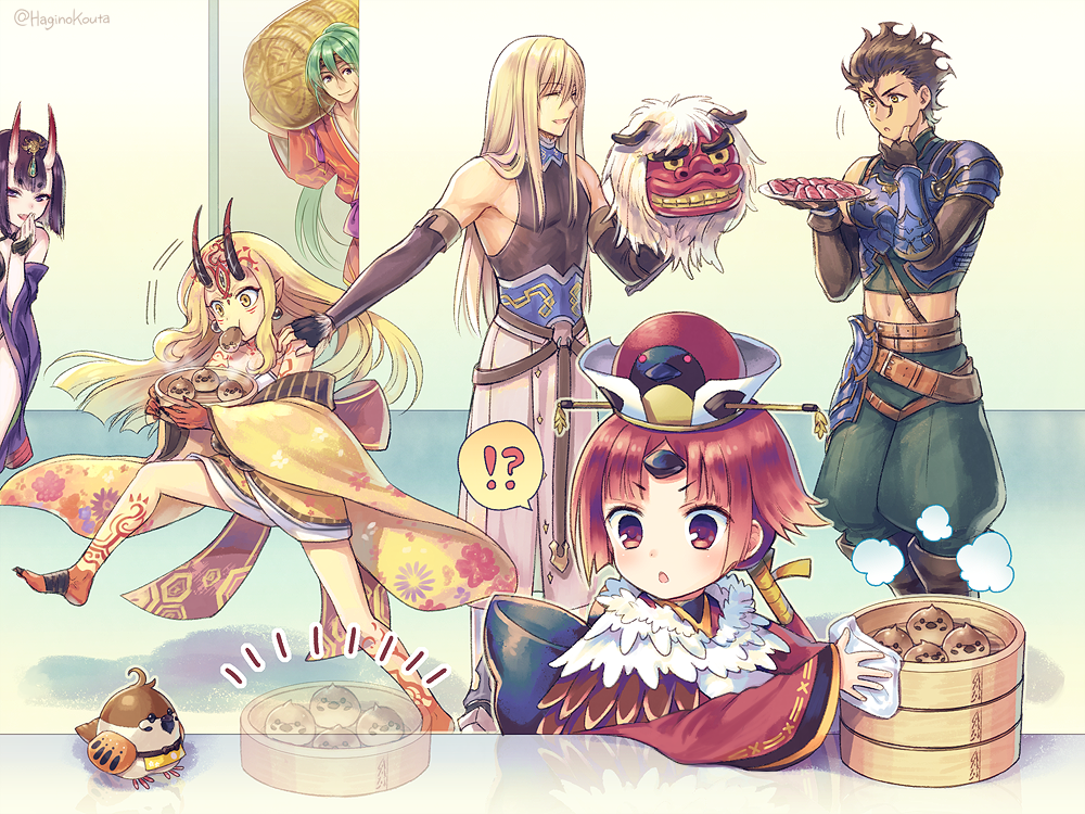 !? 3boys 3girls animal bamboo_steamer bangs bare_shoulders benienma_(fate/grand_order) bird black_bow black_gloves black_hair black_shirt black_sleeves blonde_hair blush bow character_request closed_eyes commentary_request detached_sleeves diarmuid_ua_duibhne_(fate/grand_order) earrings eyebrows_visible_through_hair facial_mark fate/grand_order fate_(series) fingerless_gloves fionn_mac_cumhaill_(fate/grand_order) floral_print food food_in_mouth forehead_mark gloves green_hair hagino_kouta headpiece holding holding_plate horns ibaraki_douji_(fate/grand_order) japanese_clothes jewelry kimono long_hair long_sleeves low_ponytail meat mouth_hold multiple_boys multiple_girls notice_lines off_shoulder oni oni_horns parted_bangs parted_lips plate pointy_ears ponytail print_kimono purple_eyes purple_hair purple_kimono red_eyes red_hair red_kimono shirt short_sleeves shoulder_grab shuten_douji_(fate/grand_order) sleeveless sleeveless_shirt sleeves_past_wrists sparrow spoken_interrobang v-shaped_eyebrows very_long_hair wide_sleeves yellow_eyes yellow_kimono