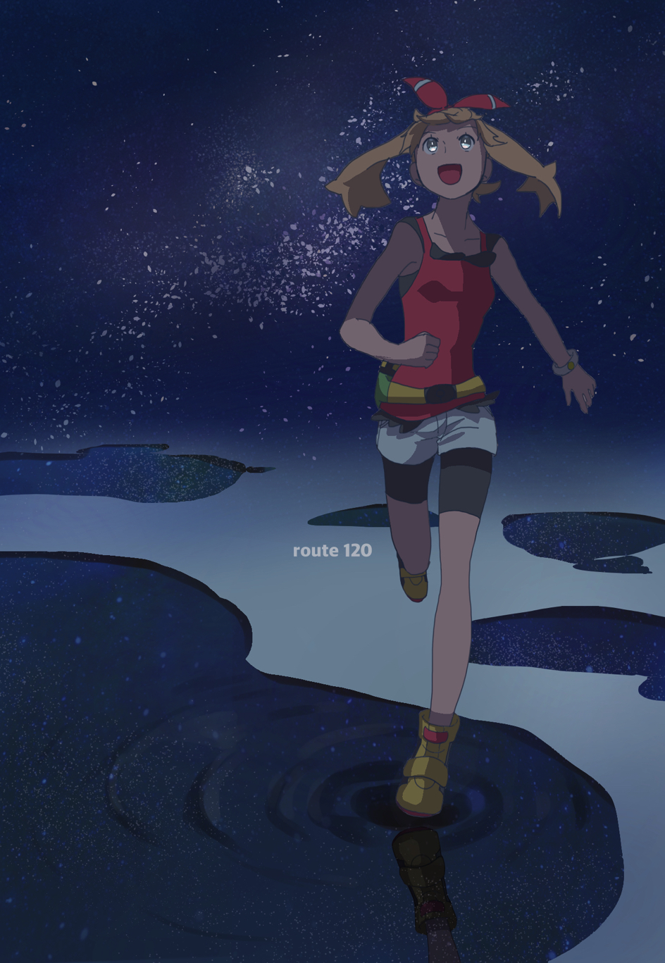 1girl :d breasts dark hair_ribbon happy haruka_(pokemon) highres hoenn_route_120 looking_up night night_sky open_mouth pokemon pokemon_(game) pokemon_oras red_shirt reflection ribbon ripples running shirt shorts sky small_breasts smile solo star_(sky) starry_sky twintails