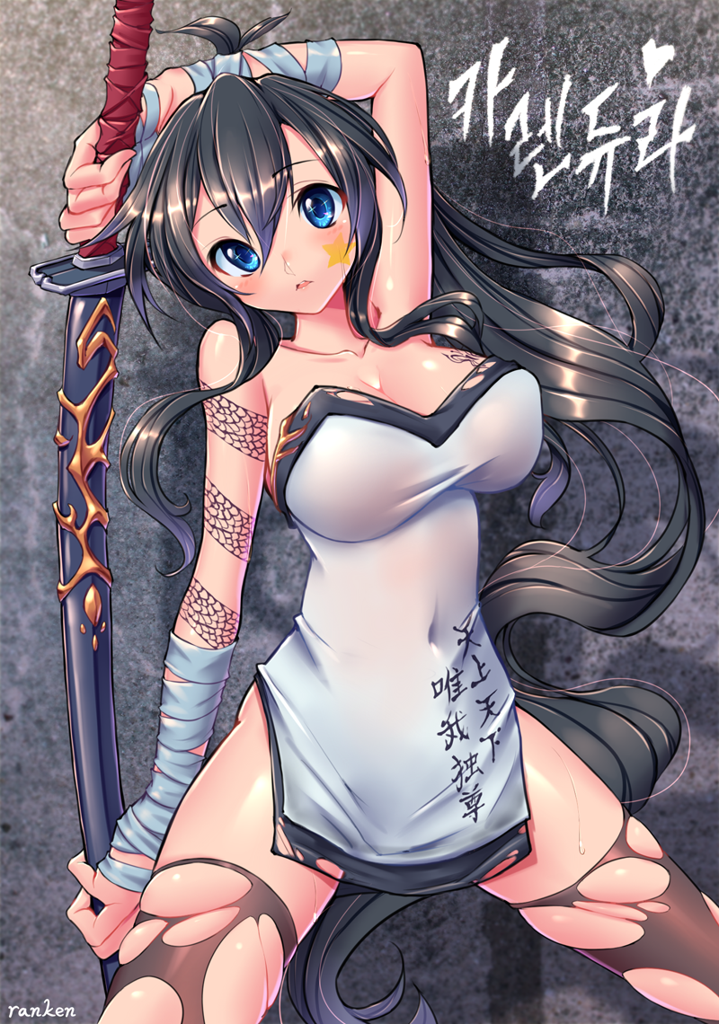 1girl arm_tattoo arm_up bandages black_hair black_legwear blue_eyes breasts character_request clothes_writing collarbone commission covered_navel cowboy_shot dress expressionless facial_mark hair_between_eyes head_tilt korean_text large_breasts left-handed legs_apart long_hair looking_at_viewer maplestory maplestory_2 parted_lips ponytail ranken shadow shiny shiny_hair shiny_skin short_dress signature skindentation solo standing star_tattoo sword tattoo thighhighs torn_clothes torn_legwear translation_request weapon white_dress