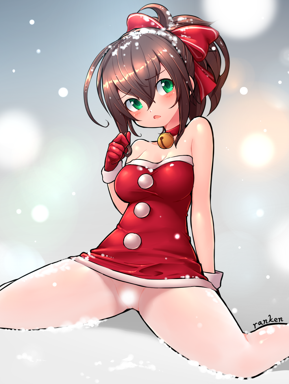 1girl :o artist_name bare_shoulders bell bow brown_hair censored choker christmas dress gloves green_eyes hair_between_eyes hair_bow highres jingle_bell looking_at_viewer no_panties open_mouth original pantyhose pom_pom_(clothes) ponytail ranken red_bow red_dress red_gloves red_neckwear santa_costume sheer_legwear shiny shiny_hair short_dress short_hair sitting snow solo spread_legs wariza white_legwear