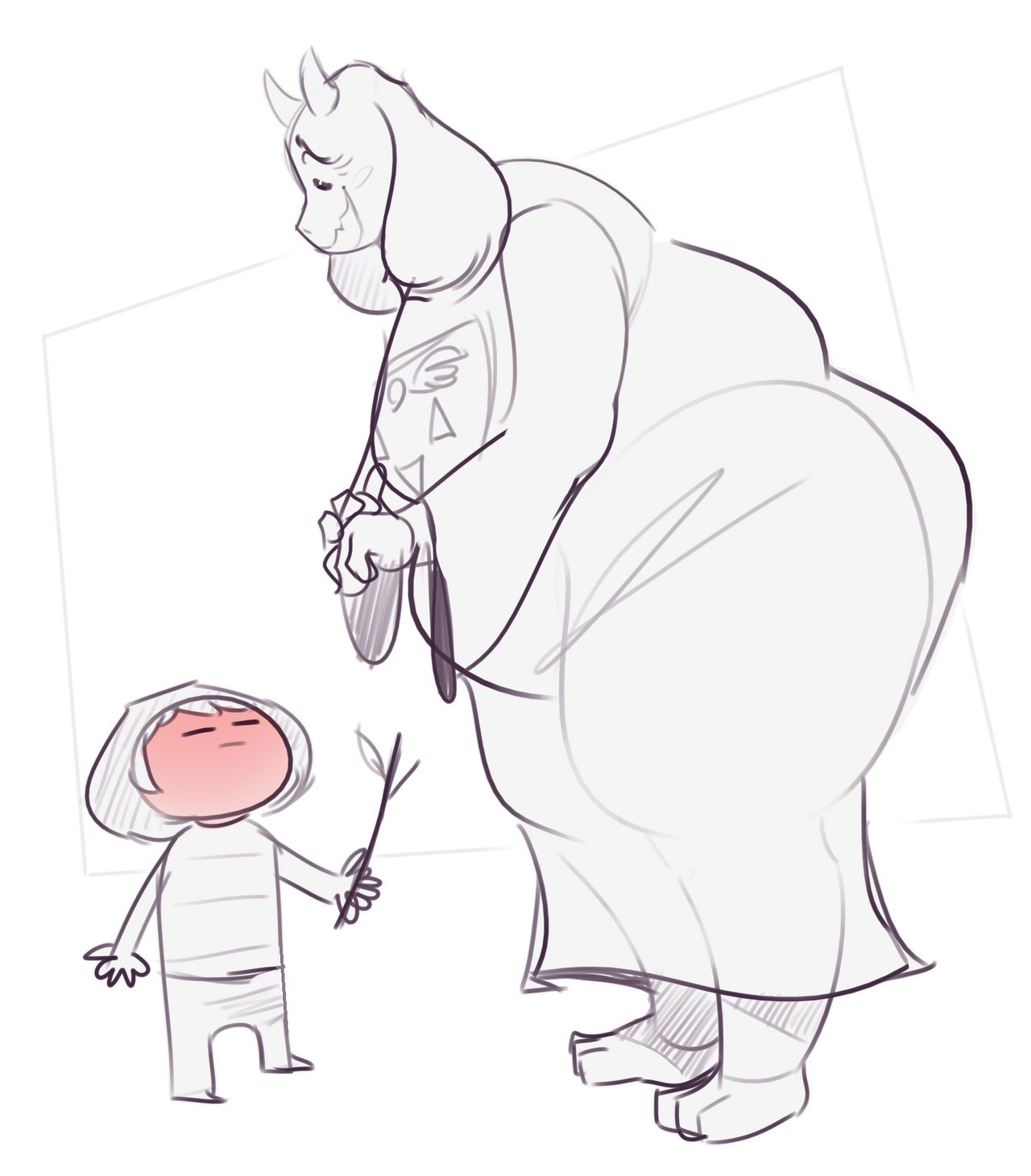 2019 belly blush boss_monster bovid butt caprine clothed clothing duo female fully_clothed goat hi_res human larger_female mammal overweight overweight_female protagonist_(undertale) secretgoombaman12345 simple_background size_difference sketch stick thick_thighs toriel undertale video_games white_background wide_hips