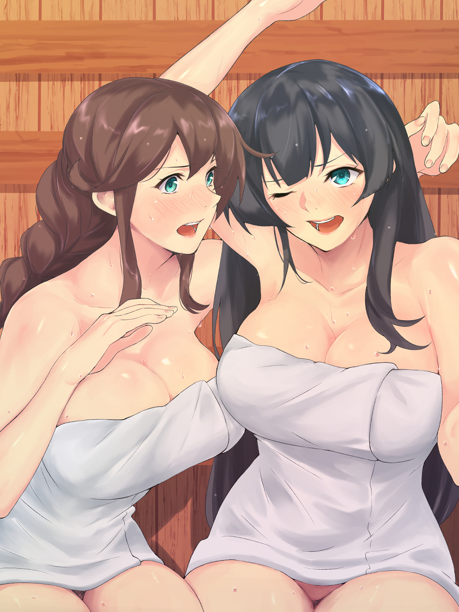 2girls agano_(kantai_collection) aqua_eyes black_hair blush braid breasts brown_hair cleavage collarbone highres indoors kantai_collection large_breasts long_hair looking_at_another multiple_girls naked_towel noshiro_(kantai_collection) open_mouth pubic_hair sauna shingyo sidelocks sweat towel twin_braids