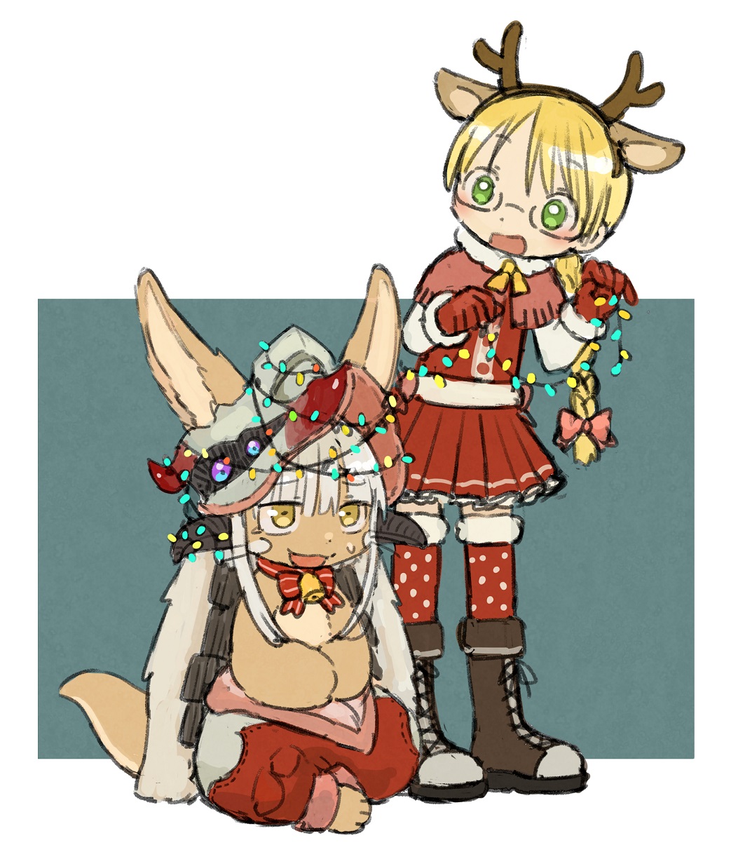 1girl 1other alternate_costume alternate_hairstyle androgynous blonde_hair blush boots bow braid brown_footwear christmas_lights cross-laced_footwear furry glasses green_eyes highres kawasemi27 lace-up_boots looking_at_another made_in_abyss nanachi_(made_in_abyss) open_mouth red_bow red_legwear red_skirt riko_(made_in_abyss) skirt smile thighhighs white_hair yellow_eyes