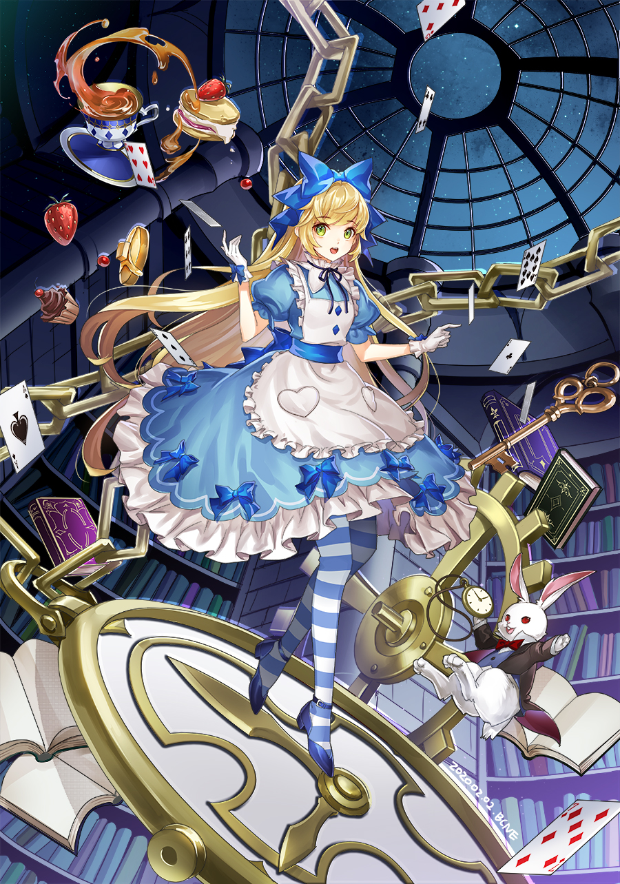 1girl ace_of_clubs ace_of_spades alice_(wonderland) alice_in_wonderland animal ankle_belt apron artist_name bangs black_ribbon blonde_hair blue_bow blue_dress blue_footwear blue_legwear book bookshelf bow bowtie bunny card chain clock clothed_animal club_(shape) coattails collar commentary_request cup cupcake dated dhkdldpa dress eyebrows_visible_through_hair falling_card floating_card food formal frilled_apron frilled_collar frilled_dress frills fruit full_body gears glove_bow gloves hair_bow high_heels highres holding_pocket_watch key long_hair looking_at_viewer neck_ribbon night night_sky open_book open_mouth oversized_object plate playing_card pocket_watch puffy_short_sleeves puffy_sleeves red_bow red_sclera ribbon short_sleeves sidelocks sky smile solo_focus spade_(shape) strawberry striped striped_legwear suit tea teacup thighhighs watch white_gloves white_legwear white_rabbit