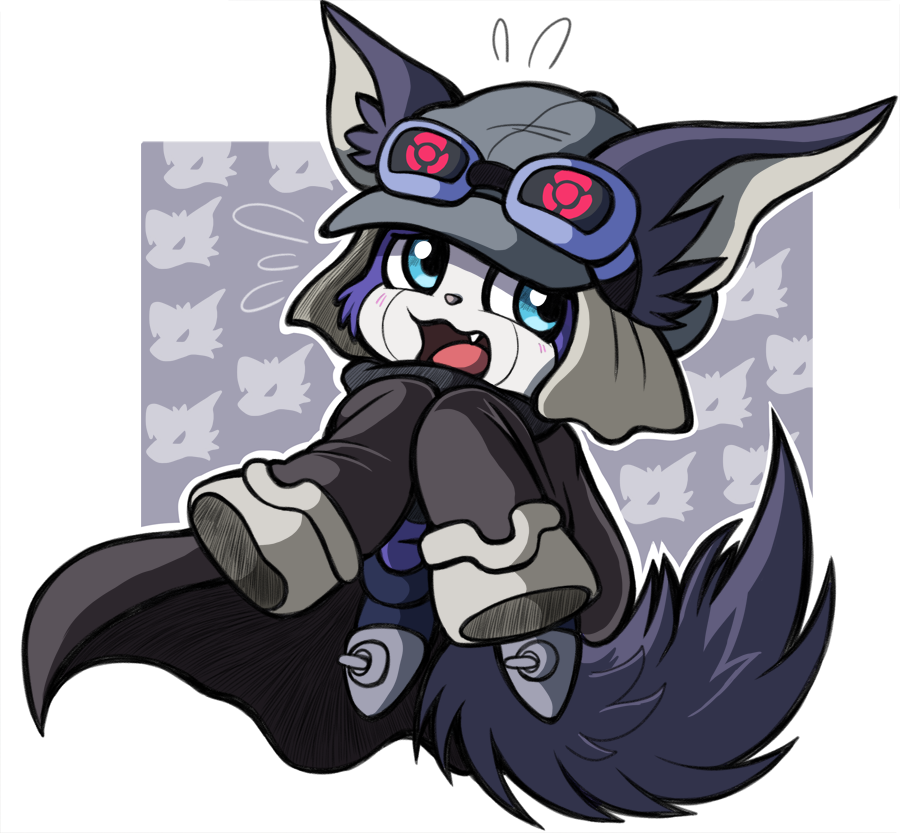 2018 ambiguous_gender anthro appmon_(species) big_ears blue_eyes blush clothing digimon digimon_(species) eyewear fluffy fluffy_tail fur goggles grey_background haruma7910 hat headgear headwear large_jacket markings offmon open_mouth purple_body purple_fur simple_background softkeychains white_body white_fur