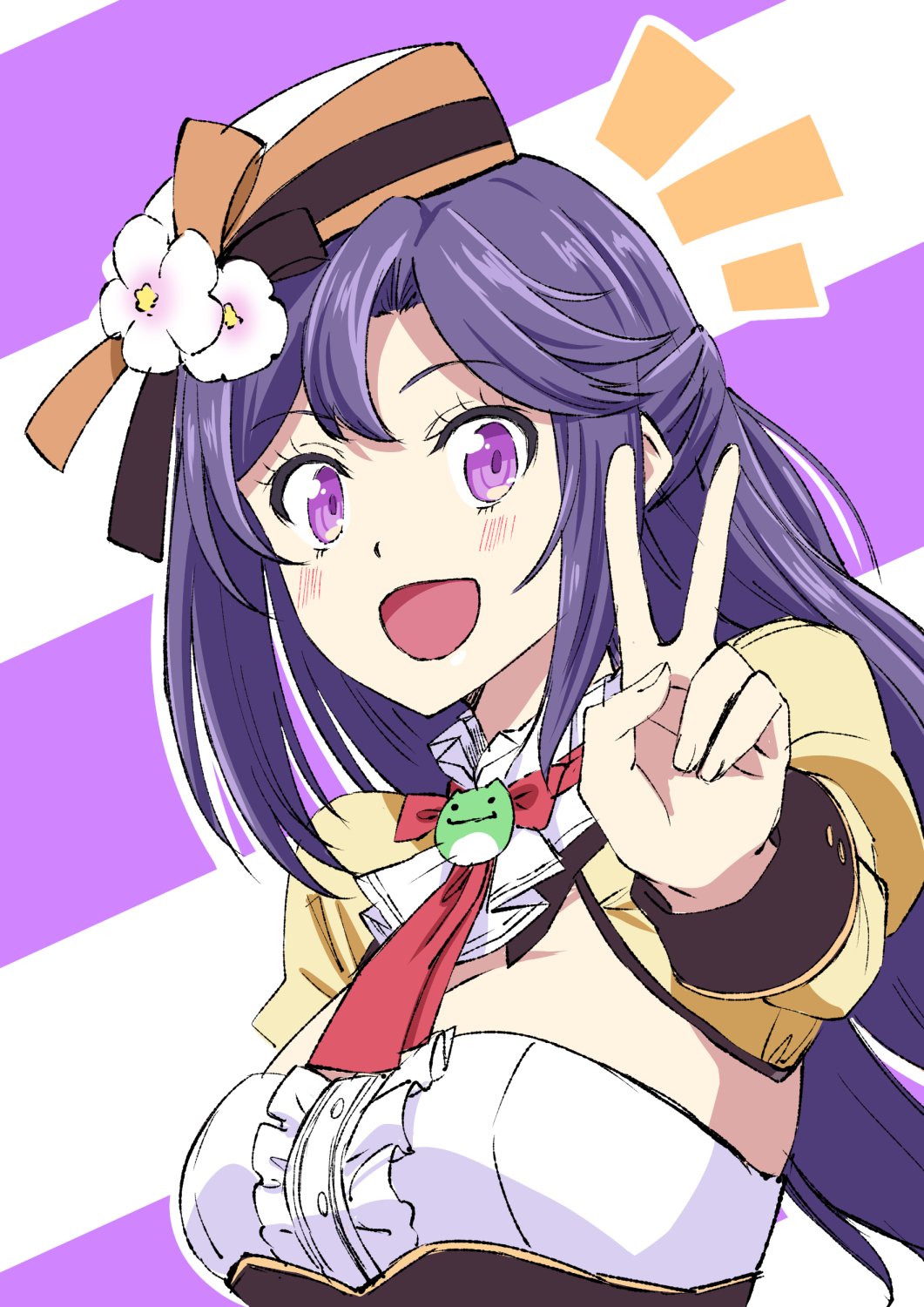 1girl :d blush breasts copyright_request diagonal-striped_background diagonal_stripes flower hand_up hat hat_flower highres ishii_hisao juliet_sleeves large_breasts long_sleeves looking_at_viewer neckerchief notice_lines open_mouth puffy_sleeves purple_background purple_eyes purple_hair red_neckwear smile solo striped striped_background upper_body v white_flower