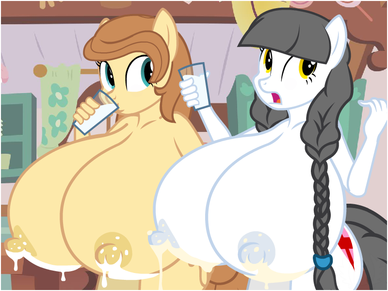 4:3 anthro big_breasts bodily_fluids breast_milking breasts caring_hearts cream_heart cup cup_of_milk dialogue drinking dripping duo fan_character female flashequestria huge_breasts hyper hyper_breasts kitchen lactating milk mother my_little_pony nude parent
