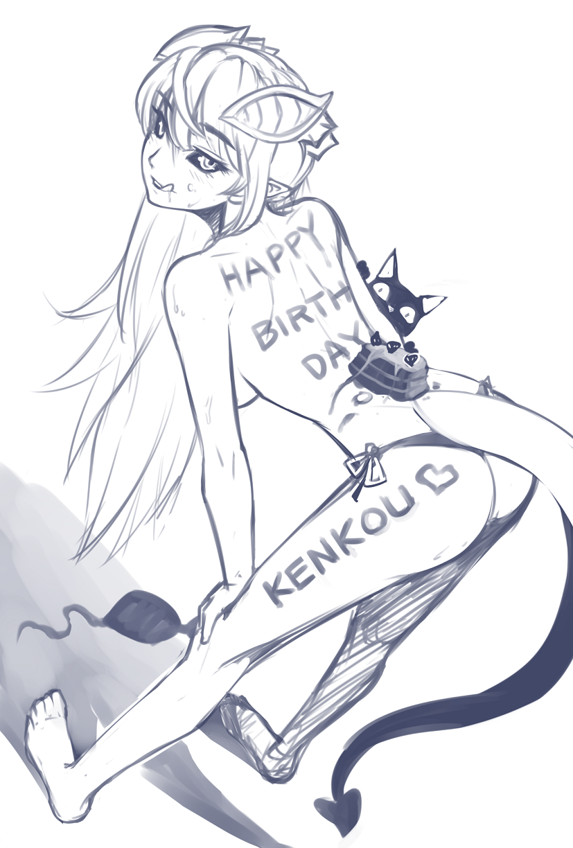 1girl :q ass barefoot bent_over bikini black_sclera body_writing cake cat commentary_request demon_girl demon_horns demon_tail dutch_angle food greyscale hands_on_own_knees happy_birthday heart highres horns lilim_(monster_girl_encyclopedia) long_hair looking_at_viewer looking_back mari_(maritan) maritan_(pixelmaritan) monochrome monster_girl_encyclopedia pointy_ears side-tie_bikini sketch smile solo swimsuit tail tongue tongue_out