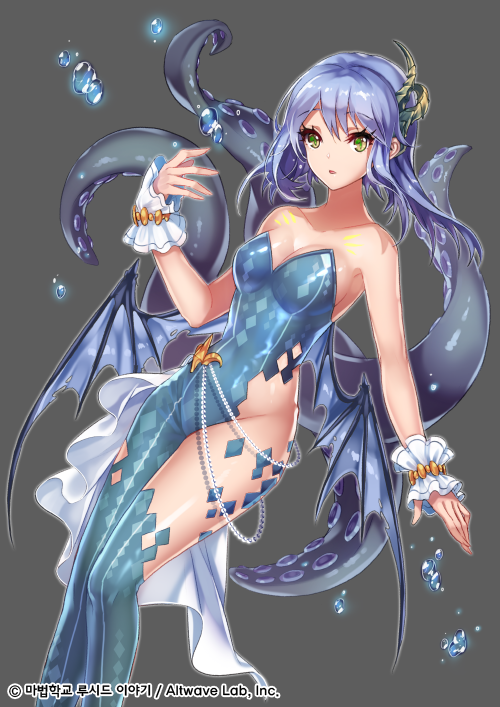 1girl bangs blue_hair breasts cleavage collarbone eyebrows_visible_through_hair floating_hair green_eyes grey_background hair_between_eyes interitio long_hair medium_breasts open_mouth original revealing_clothes shiny shiny_hair shiny_skin sideboob simple_background solo tentacles wrist_cuffs