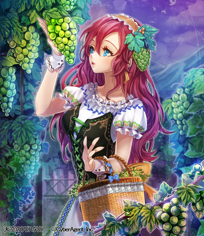 1girl :d basket blue_eyes breasts brown_headband bustier curly_hair dress food frilled_headband fruit grapes hair_ornament holding holding_basket interitio long_hair medium_breasts open_mouth outdoors red_hair short_sleeves smile solo standing tenkuu_no_crystalia very_long_hair white_dress wrist_cuffs