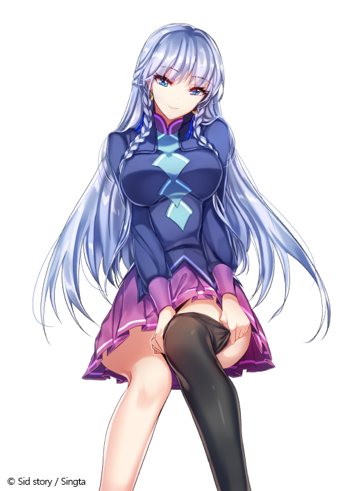 1girl black_legwear blue_eyes blue_jacket braid breasts eyebrows_visible_through_hair floating_hair head_tilt interitio invisible_chair jacket large_breasts long_hair long_sleeves miniskirt pleated_skirt purple_skirt school_uniform shiny shiny_hair sid_story silver_hair simple_background single_thighhigh sitting skirt solo thighhighs twin_braids very_long_hair white_background zettai_ryouiki