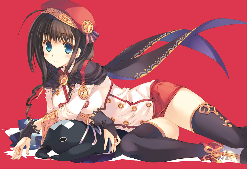 1girl aquaplus black_legwear blue_eyes blush bridal_gauntlets brown_hair capelet dungeon_travelers_2 eyebrows_visible_through_hair hat long_hair long_sleeves melvy_de_florencia mitsumi_misato official_art red_background simple_background smile solo thighhighs