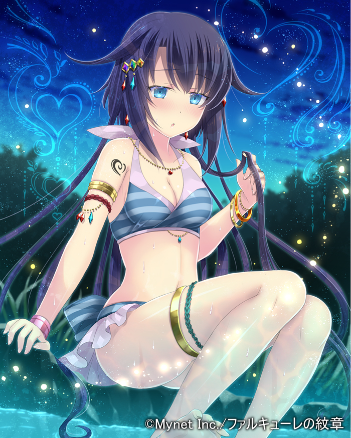 1girl bangs barefoot black_hair blue_bikini_top blue_eyes blue_sky blurry blurry_background blush bracelet breasts cleavage collarbone earrings eyebrows_visible_through_hair falkyrie_no_monshou floating_hair hair_between_eyes hair_ornament hair_twirling halterneck heart jewelry long_hair looking_down medium_breasts miniskirt necklace night outdoors sitting skirt sky solo soukuu_kizuna striped_bikini_top thighlet very_long_hair white_skirt