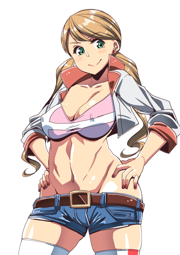 1girl belt brown_hair commentary_request covered_nipples cropped_jacket earrings green_eyes gundam gundam_tekketsu_no_orphans hands_on_hips jewelry lafter_frankland satsuki_imonet short_shorts shorts smile sports_bra thighhighs twintails white_background