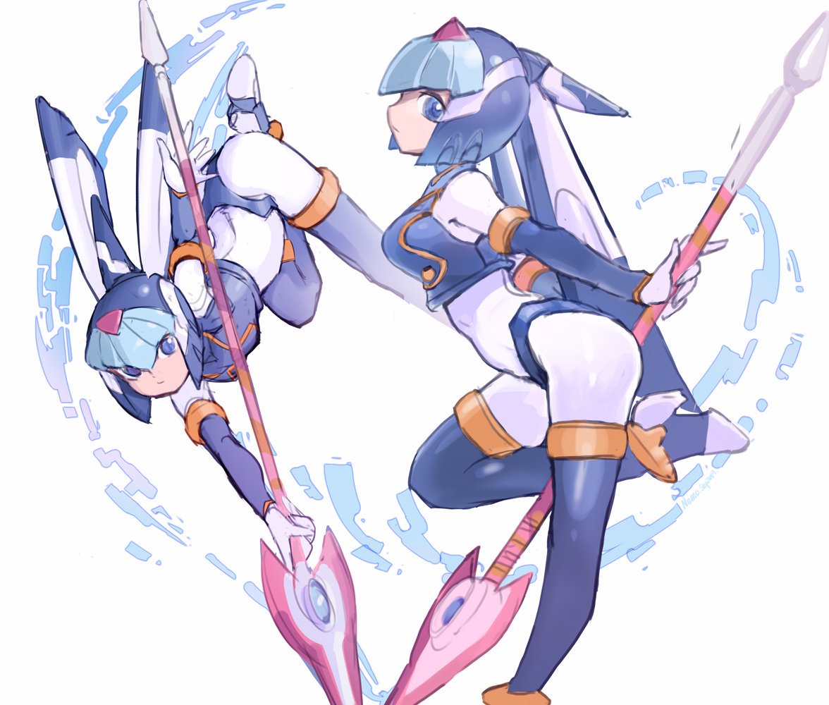 1girl android blue_eyes bodysuit boots breasts helmet high_heels holding holding_weapon leg_up leviathan_(rockman) medium_breasts multiple_views nemo_(leafnight) polearm profile rockman rockman_zero simple_background smile solo spear thigh_boots thighhighs weapon