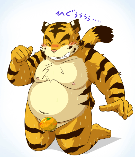 2008 anthro balls barely_visible_genitalia belly blush bodily_fluids censored eyes_closed felid genitals humanoid_hands japanese_text kemono male mame_taro mammal moobs navel nipples overweight overweight_male pantherine pink_nose simple_background solo sweat text tiger
