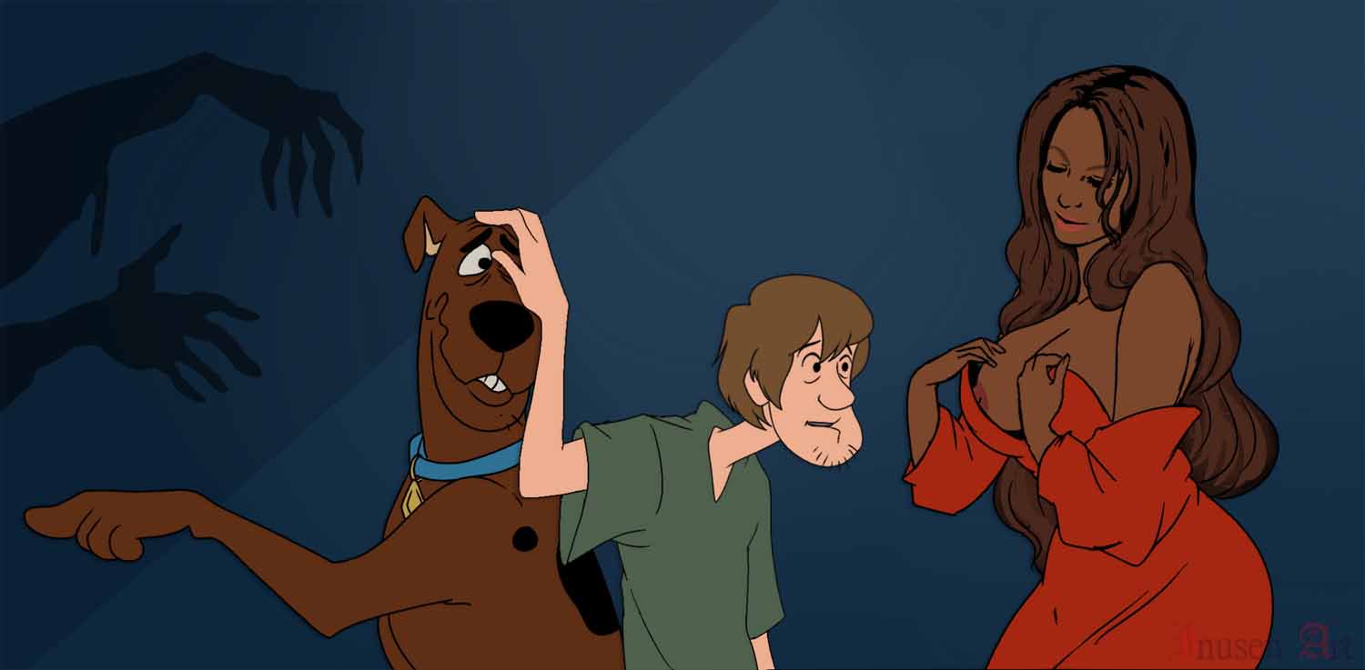 beyonc&eacute; breasts brown_hair canid canine canis clothing dark_skin distracted domestic_dog facial_hair female great_dane hair hanna-barbera human human_focus inusen long_hair male mammal mastiff molosser nipples not_furry_focus scooby-doo scooby-doo_(series) shadow shaggy_rogers undressing