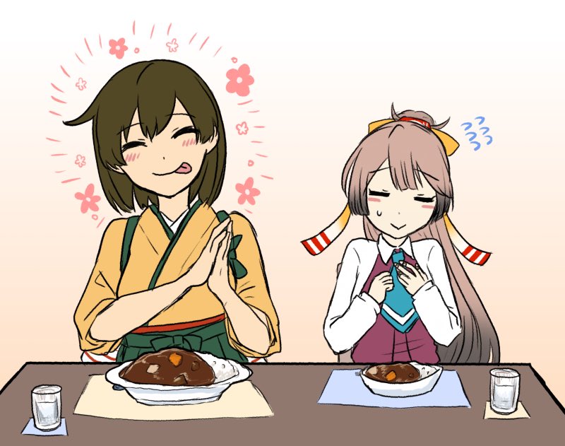 2girls blue_neckwear brown_hair closed_eyes curry curry_rice dress eyebrows_visible_through_hair facing_viewer food hair_ribbon hiryuu_(kantai_collection) iwana kantai_collection kazagumo_(kantai_collection) long_hair multiple_girls necktie one_side_up ponytail ribbon rice shirt short_hair sitting sleeveless sleeveless_dress tasuki tongue tongue_out upper_body white_shirt