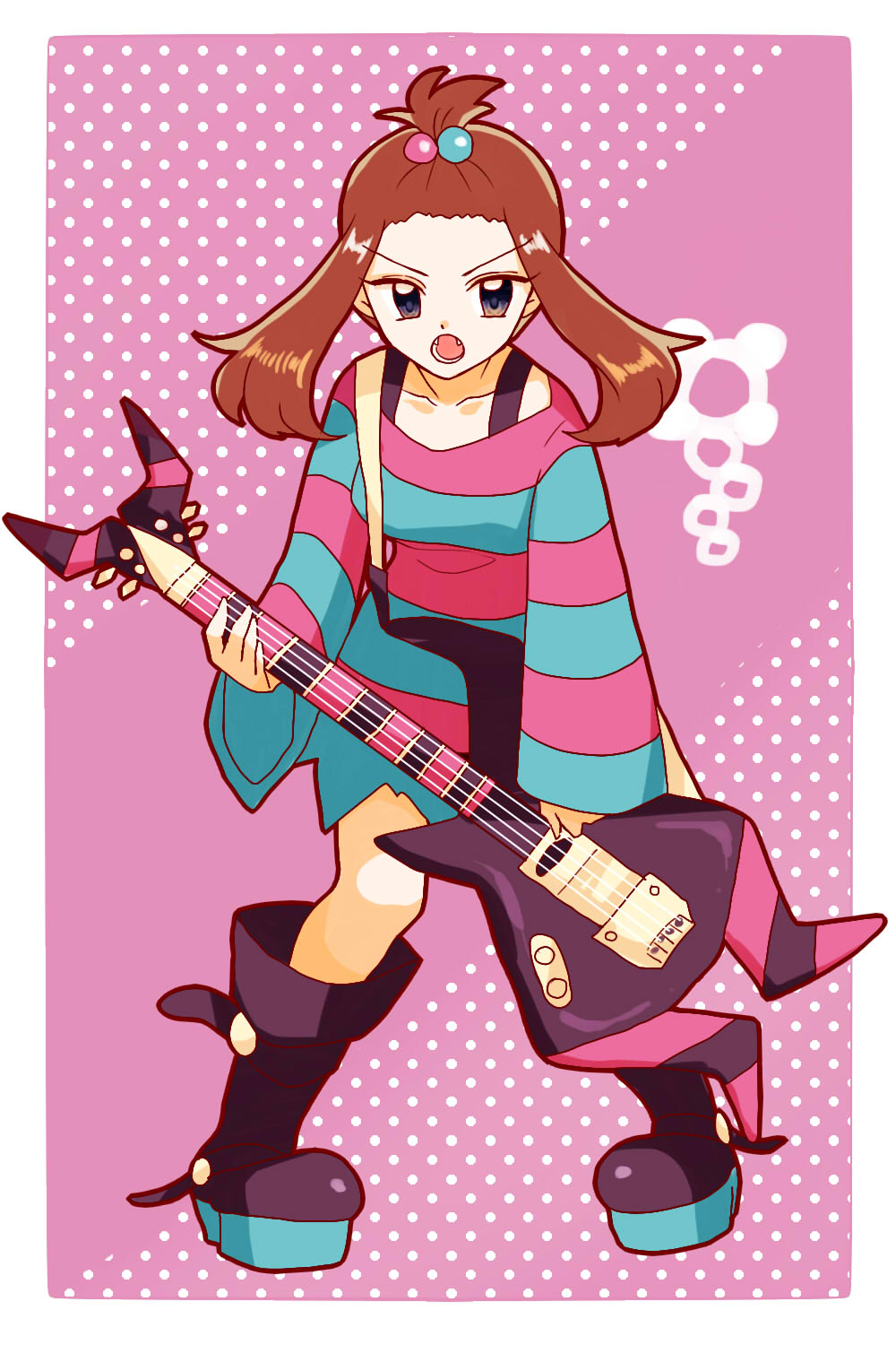 1girl badge bangs black_eyes boots breasts brown_hair cosplay dress electric_guitar fangs full_body furrowed_eyebrows guitar gym_leader_badge hair_bobbles hair_ornament hibikileon highres holding holding_instrument homika_(pokemon) homika_(pokemon)_(cosplay) instrument looking_at_viewer medium_breasts medium_hair odamaki_sapphire pokemon pokemon_(game) pokemon_bw2 pokemon_special polka_dot polka_dot_background purple_background purple_footwear solo standing striped striped_dress tied_hair toxic_badge twintails