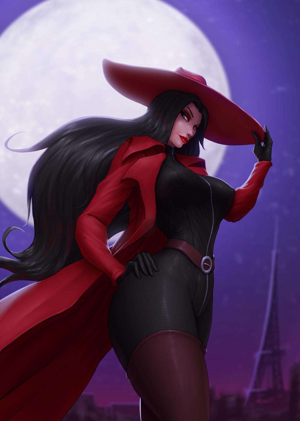 1girl barretxiii belt black_bodysuit black_gloves black_hair blue_eyes bodysuit boots breasts brown_footwear carmen_sandiego carmen_sandiego_(series) coat covered_nipples eyeshadow fedora full-length_zipper full_moon gloves hand_on_hip hat hat_tug highres large_breasts leather leather_boots lips lipstick long_coat long_hair makeup moon night open_clothes open_coat red_coat skin_tight sleeveless solo thick_thighs thigh_boots thighhighs thighs turtleneck very_long_hair zipper zipper_pull_tab