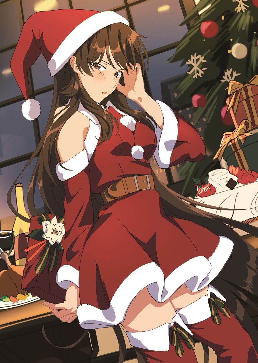 1girl arm_behind_back bare_shoulders belt boots bottle box brown_eyes brown_hair christmas christmas_tree dress food fur-trimmed_dress fur-trimmed_headwear fur_trim gift gift_box hand_up hat highres hiratsuka_shizuka holding holding_gift ichimi_renge indoors long_hair looking_at_viewer off-shoulder_dress off_shoulder open_mouth red_footwear red_headwear santa_costume santa_dress santa_hat second-party_source solo standing thigh_boots very_long_hair window wine_bottle yahari_ore_no_seishun_lovecome_wa_machigatteiru. zettai_ryouiki