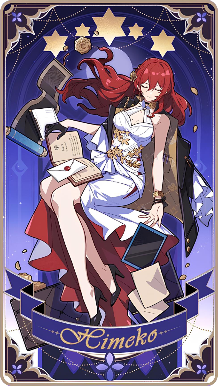 1girl black_gloves book breasts card_(medium) cleavage closed_eyes closed_mouth dress earrings gloves hair_between_eyes highres himeko_(honkai:_star_rail) honkai:_star_rail honkai_(series) jewelry long_hair looking_at_viewer official_art red_hair sleeping smile solo star_(symbol) tarot tarot_(medium) white_dress