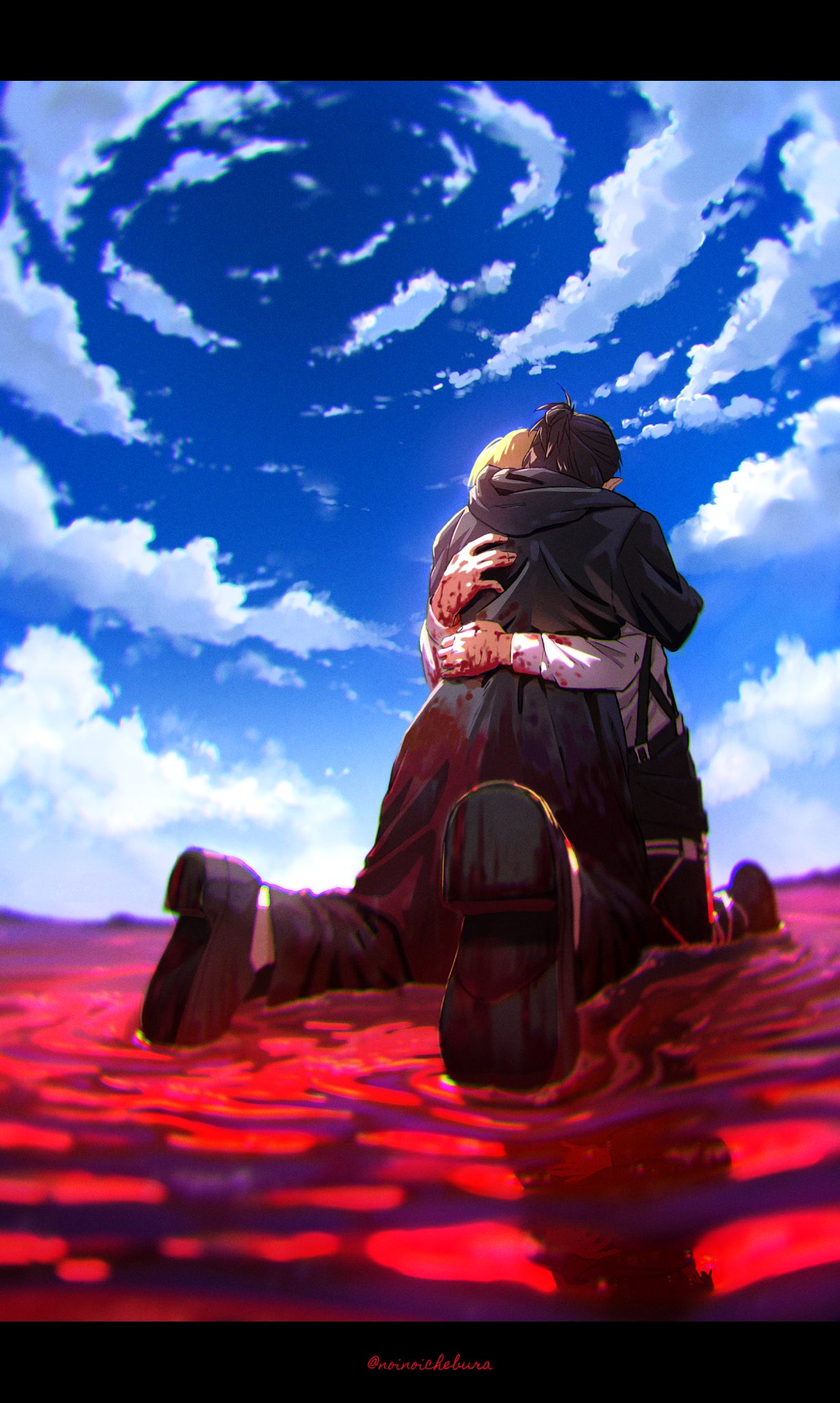 2boys armin_arlert black_hoodie black_pants blonde_hair blood blood_on_clothes blood_on_hands brown_hair cloud cloudy_sky eren_yeager full_body hair_bun highres hood hood_down hoodie hug kneeling long_sleeves male_focus medium_hair multiple_boys noinoichebura outdoors pants shingeki_no_kyojin shirt short_hair sky suspenders white_shirt