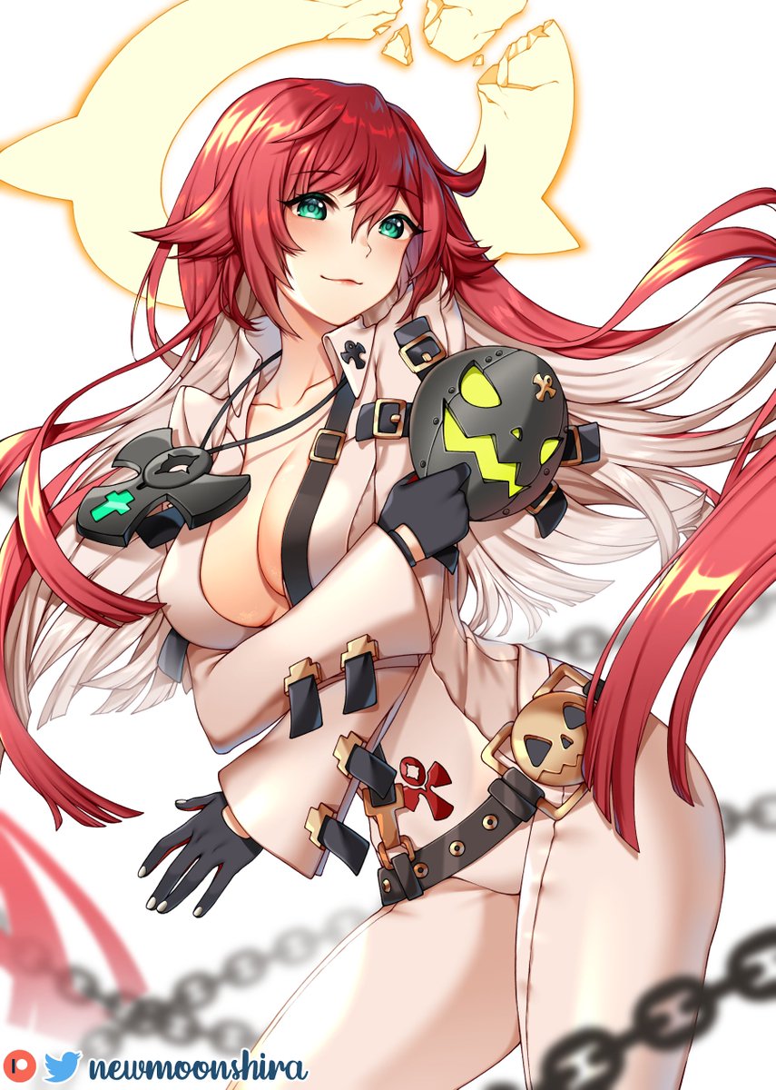 1girl ankh_necklace ankh_print belt belt_buckle black_gloves blunt_ends bodysuit breasts broken_halo buckle cleavage collared_shirt colored_inner_hair compass_rose_halo front_slit gloves green_eyes grey_mask guilty_gear guilty_gear_strive hair_between_eyes halo highres holding holding_mask jack-o'_valentine jewelry large_breasts long_hair long_sleeves looking_at_viewer mask mature_female messy_hair multicolored_hair newmoonshira open_belt pants pendant plunging_neckline pumpkin_mask red_gloves red_hair shirt shoulder_belt skull_belt smile too_many_belts two-tone_gloves two-tone_hair unworn_mask very_long_hair white_bodysuit white_hair white_pants white_shirt