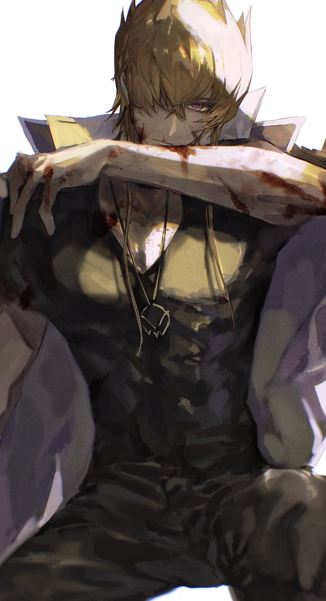 1boy alternate_costume arm_out_of_sleeve arm_up bishounen black_pants black_shirt blonde_hair blood blood_on_arm blood_on_face blood_on_hands coat expressionless high_collar highres invisible_chair jack_atlas jewelry knee_up male_focus muscular muscular_male naoki_(2rzmcaizerails6) necklace pants pectorals purple_eyes shirt short_hair_with_long_locks simple_background sitting skin_tight solo spiked_hair upper_body v-neck white_background white_coat yu-gi-oh! yu-gi-oh!_5d's