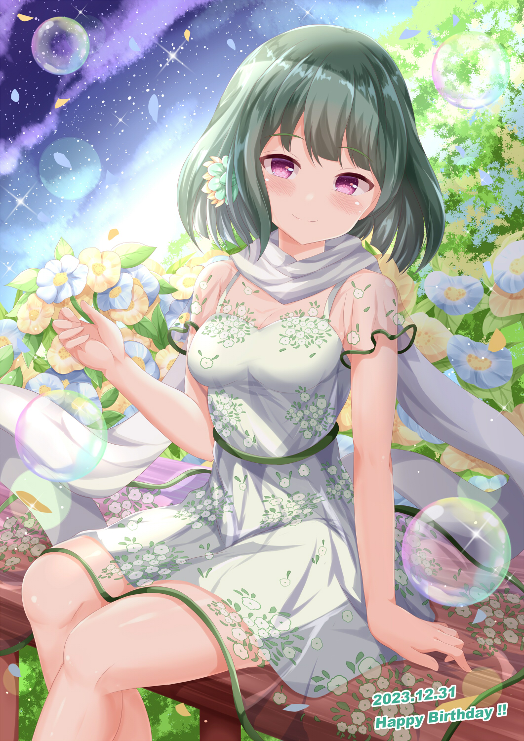 1girl aihara_tsubaki blue_flower blush breasts brown_flower cleavage closed_mouth cloud commentary_request dated dress feet_out_of_frame flower green_hair hand_up happy highres holding holding_flower looking_at_viewer medium_breasts ongeki purple_eyes see-through see-through_sleeves sitting sky smile solo star_(sky) starry_sky white_dress xenon_(for_achieve)