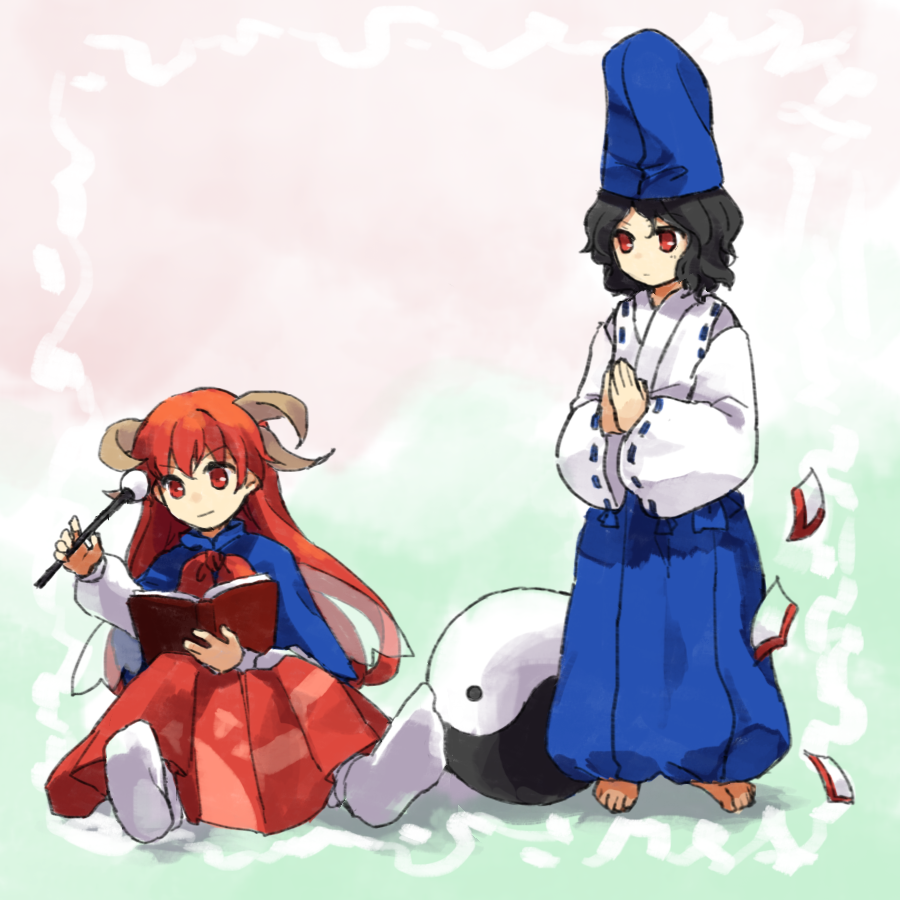 1boy 1girl barefoot black_hair blue_capelet blue_headwear book brown_horns capelet closed_mouth commentary_request hakama hakama_pants hakama_skirt hat holding holding_book holding_wand horns japanese_clothes kaigen_1025 kimono long_hair long_sleeves lotus_land_story neck_ribbon own_hands_together pants reading red_eyes red_hair red_ribbon red_skirt ribbon ribbon-trimmed_kimono ribbon-trimmed_sleeves ribbon_trim shingyoku_(female) shingyoku_(male) shingyoku_(touhou) shirt short_hair sitting skirt sleeveless sleeveless_kimono smile socks standing tate_eboshi touhou touhou_(pc-98) wand white_shirt white_socks