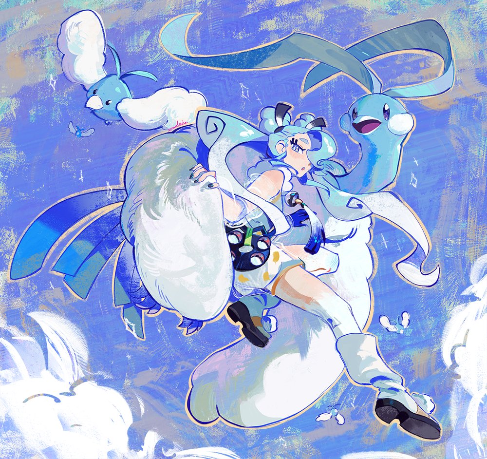 1girl altaria blue_gloves blue_nails detached_sleeves double_bun flying_miku_(project_voltage) gloves gradient_hair hair_bun hatsune_miku long_hair looking_at_viewer multicolored_hair nail_polish parted_lips poke_ball pokemon pokemon_(creature) project_voltage see-through see-through_sleeves single_glove swablu twintails very_long_hair vocaloid waist_poke_ball wind_chime zambiie